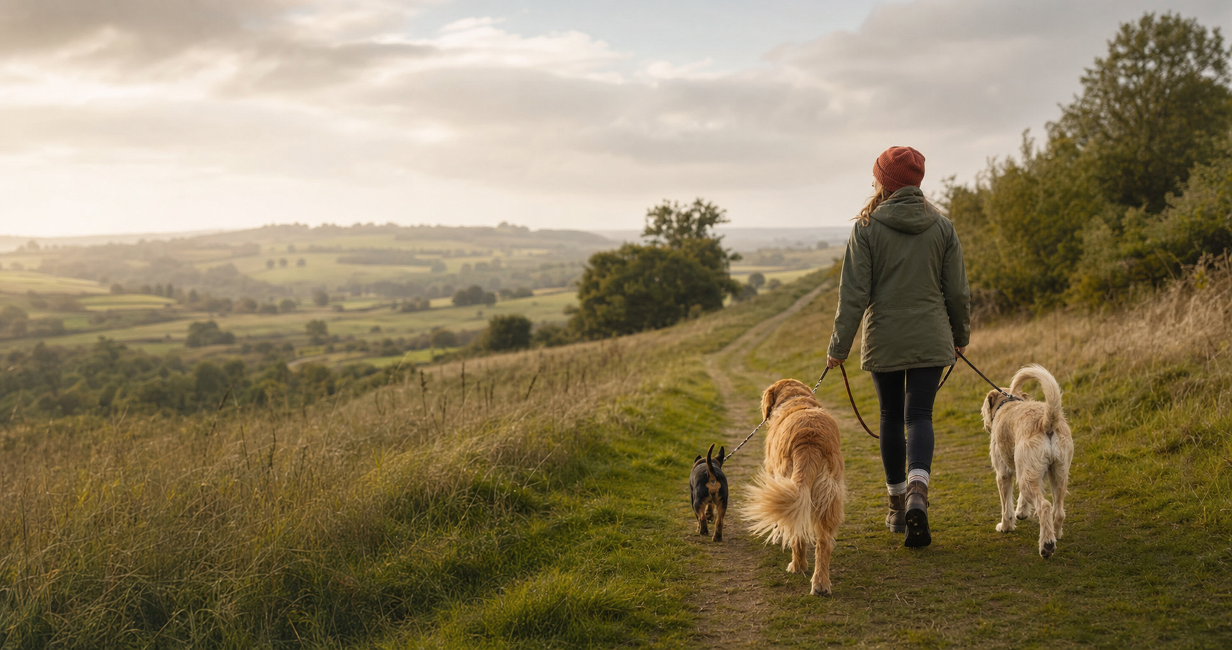 A dog walker and three dogs following a country path